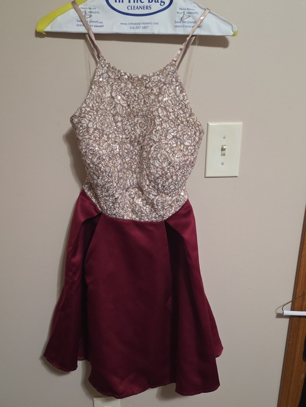 Xtraordinary Cream Sequin Bodice with Burgundy Satin Skirt Mini Dress
